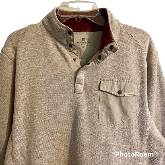 Woolrich Large 1/4 Snap Pullover Sweater Oatmeal Chest Pocket Mock Neck … - Picture 2 of 6